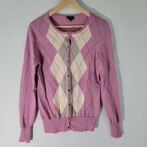 Talbot's Women's Pink/Gray/White Argile Button-Front Sweater Sz M Merino Wool